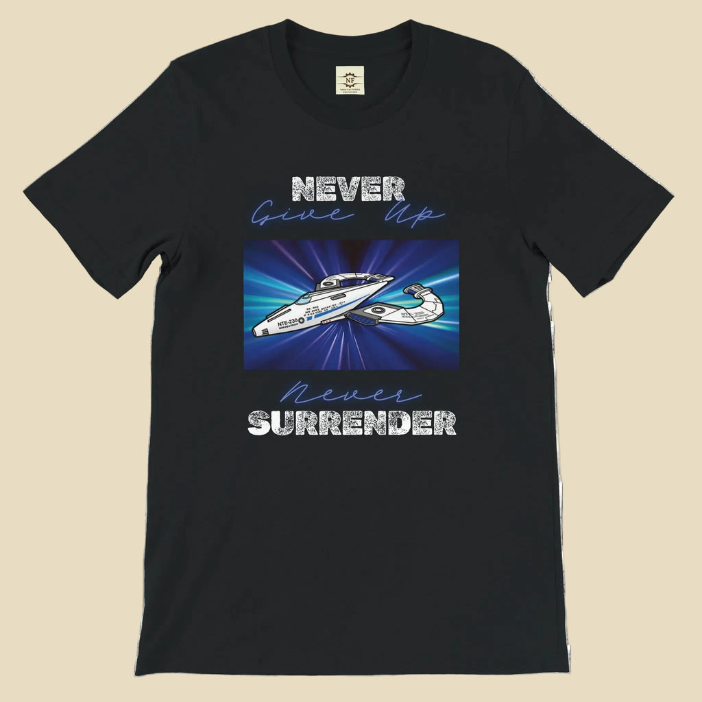Black t-shirt with motivational graphic and text 'Never Give Up, Never Surrender' on a white background
