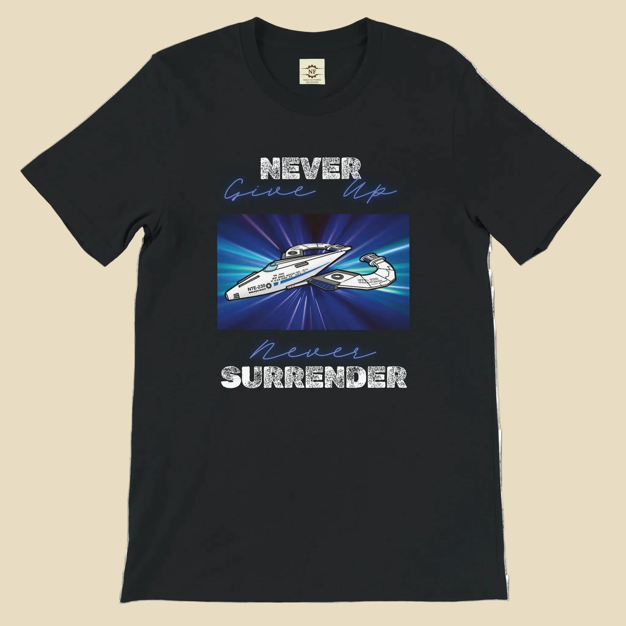 Black t-shirt with motivational graphic and text 'Never Give Up, Never Surrender' on a white background