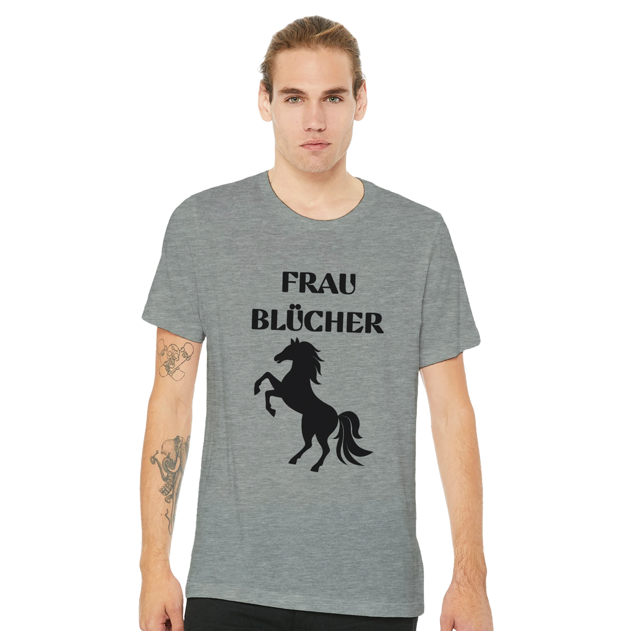 Man wearing a gray t-shirt with the text 'Frau Blucher' in black and a black horse silhouette beneath it. White background.