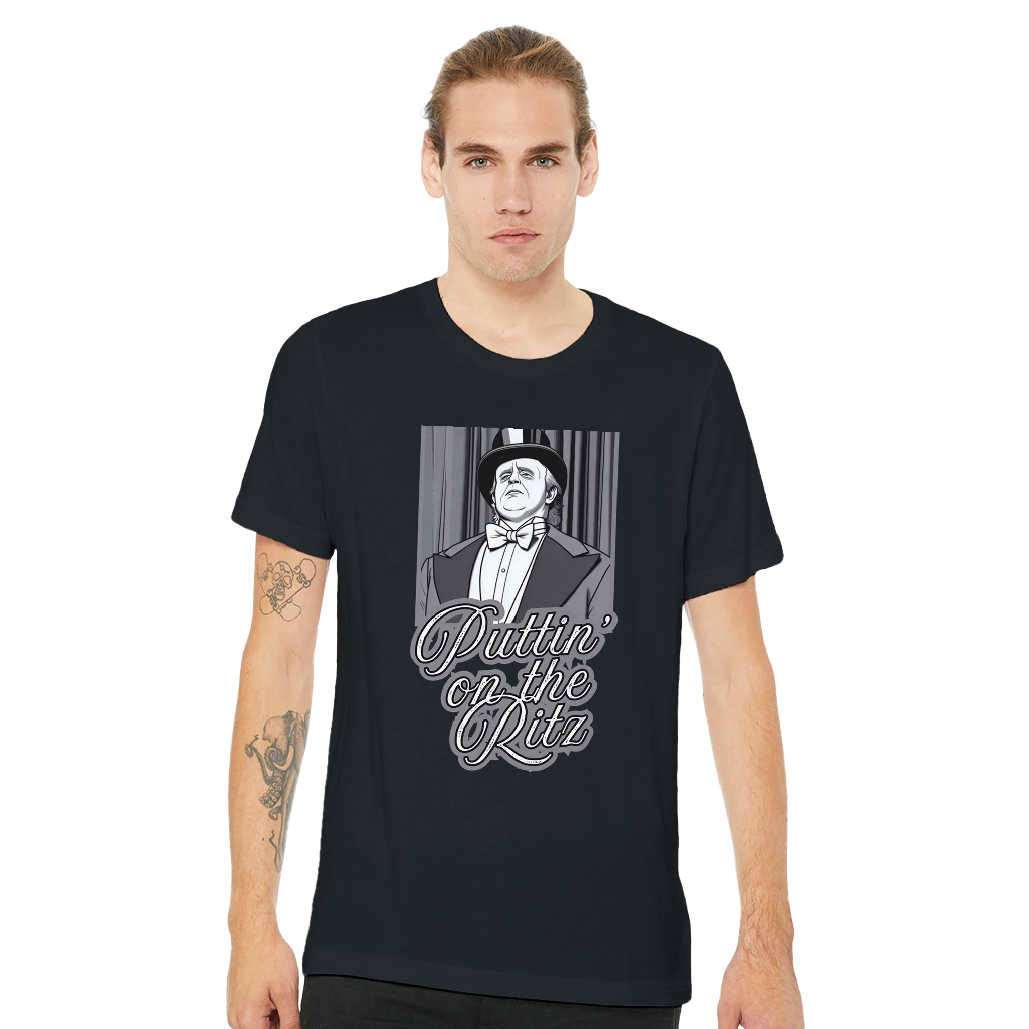 Man wearing a black t-shirt with a graphic design and text on a white background