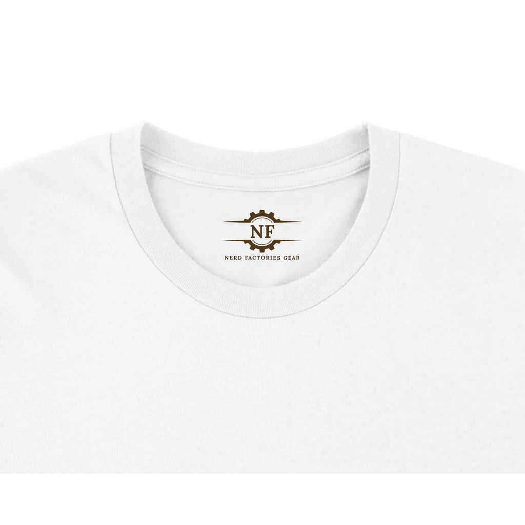 White t-shirt with a logo on the collar against a white background