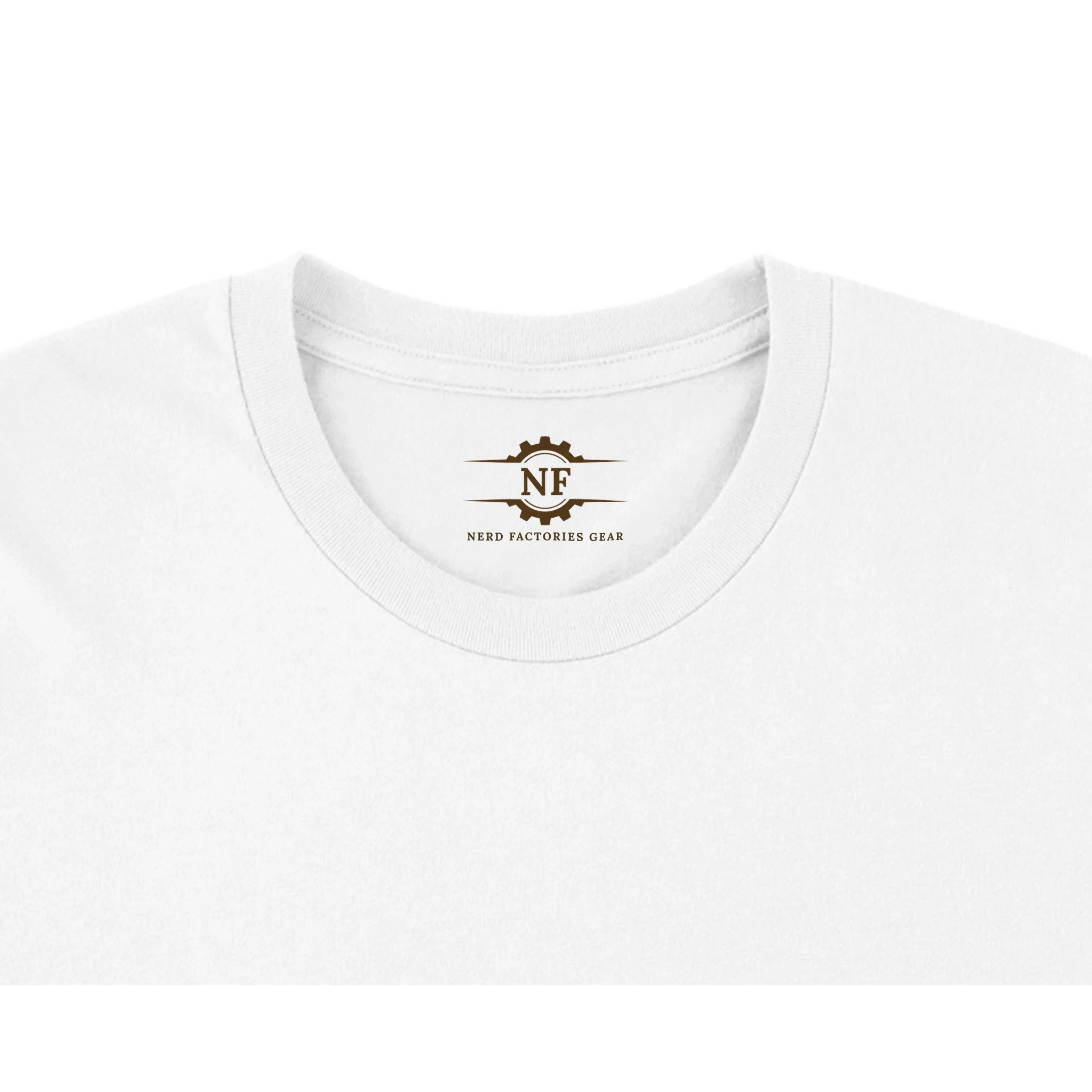 White t-shirt with a logo on the collar against a white background