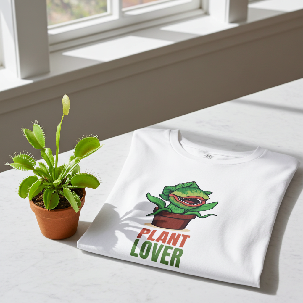 White t-shirt with a lizard and plant design labeled 'Plant Lover' on a table next to a potted plant.