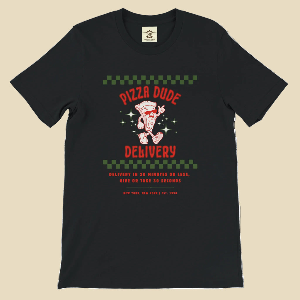Black t-shirt with 'Pizza Dude Delivery' graphic design on a white background
