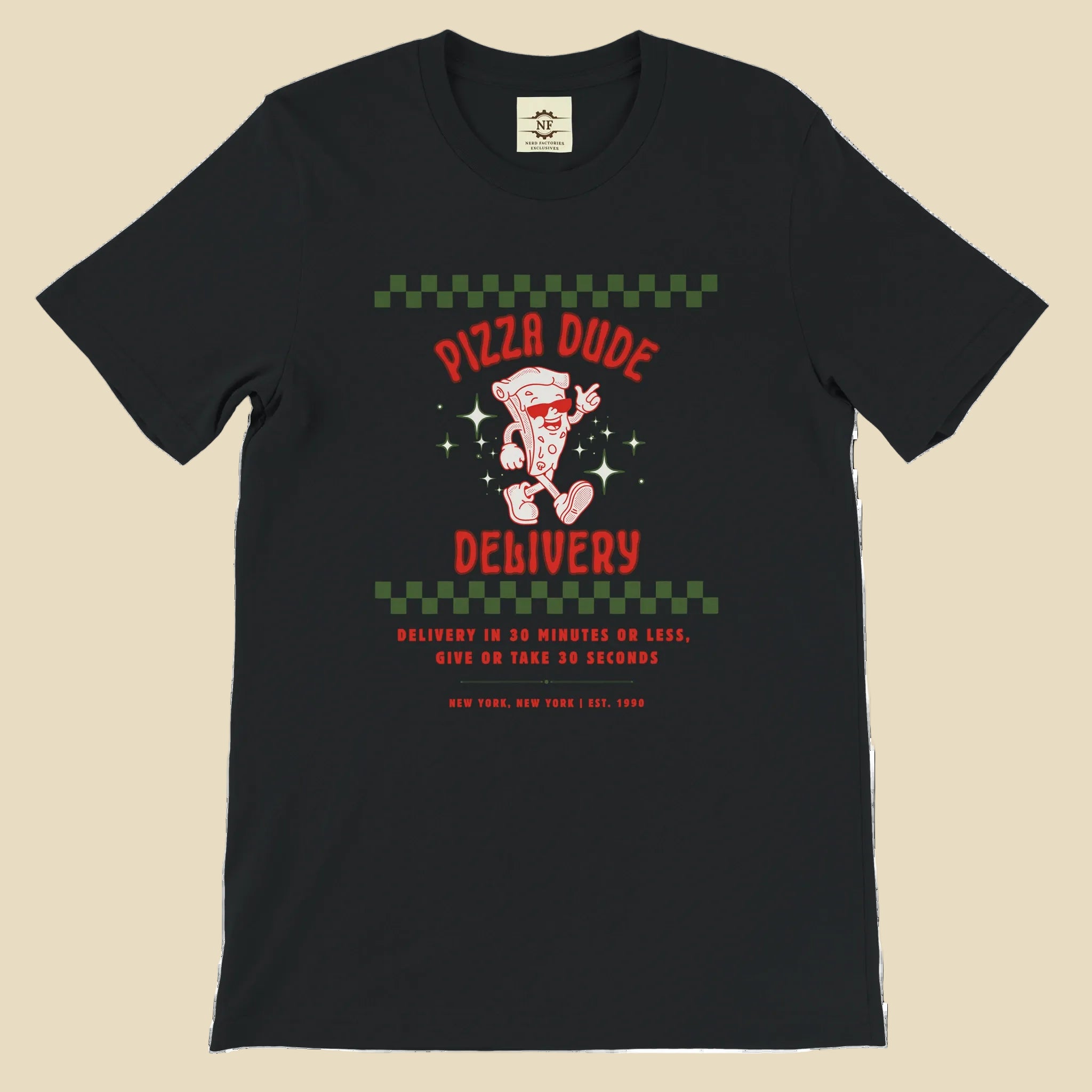 Black t-shirt with 'Pizza Dude Delivery' graphic design on a white background