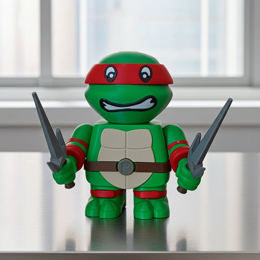 Toy figure of a green turtle with red bandana and black sais on a reflective surface.