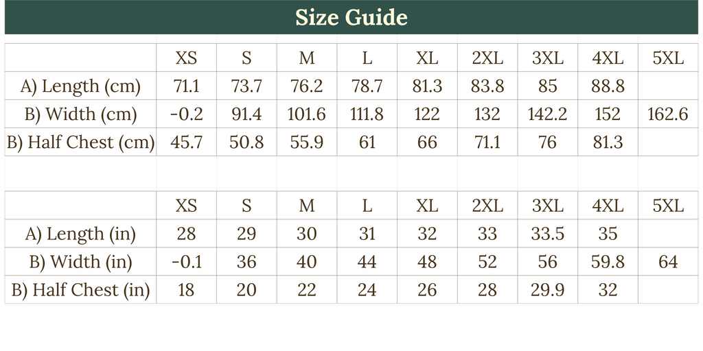 Size guide chart for clothing with measurements in centimeters and inches.
