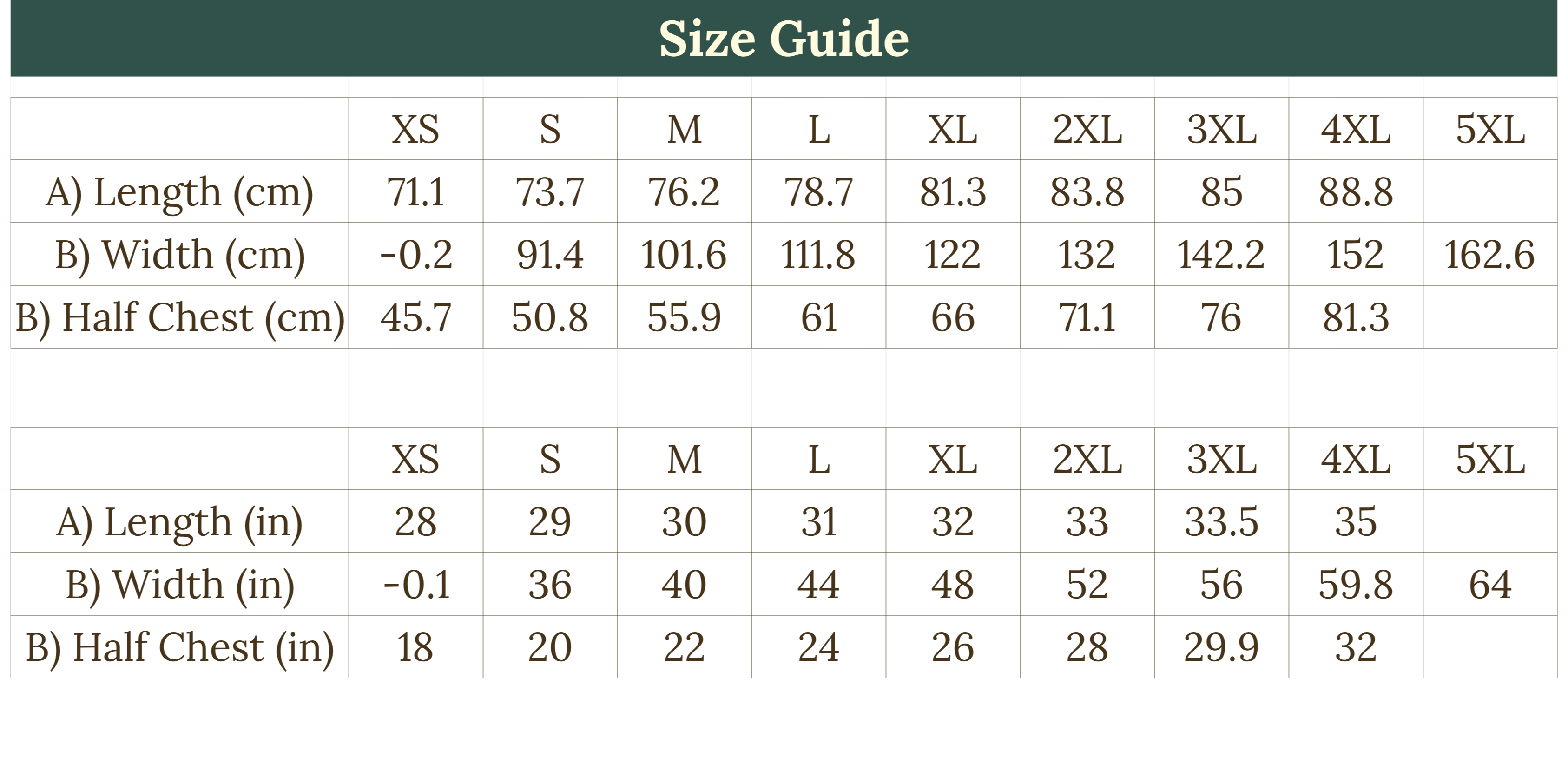 Size guide chart for clothing with measurements in centimeters and inches.