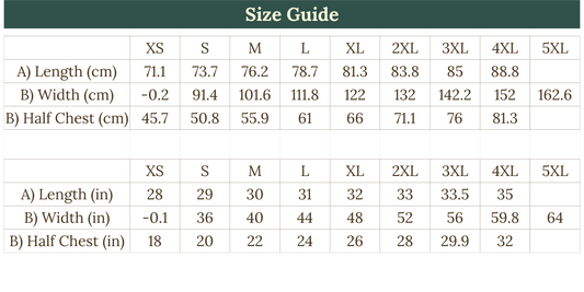 Size guide chart for clothing with measurements in centimeters and inches.