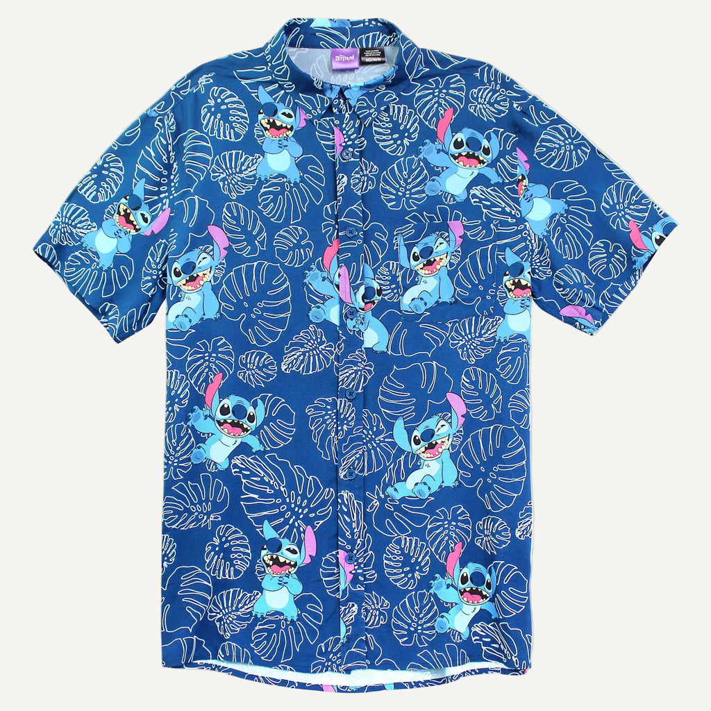 Men's Disney Stitch with tropical leaves Button Up Woven