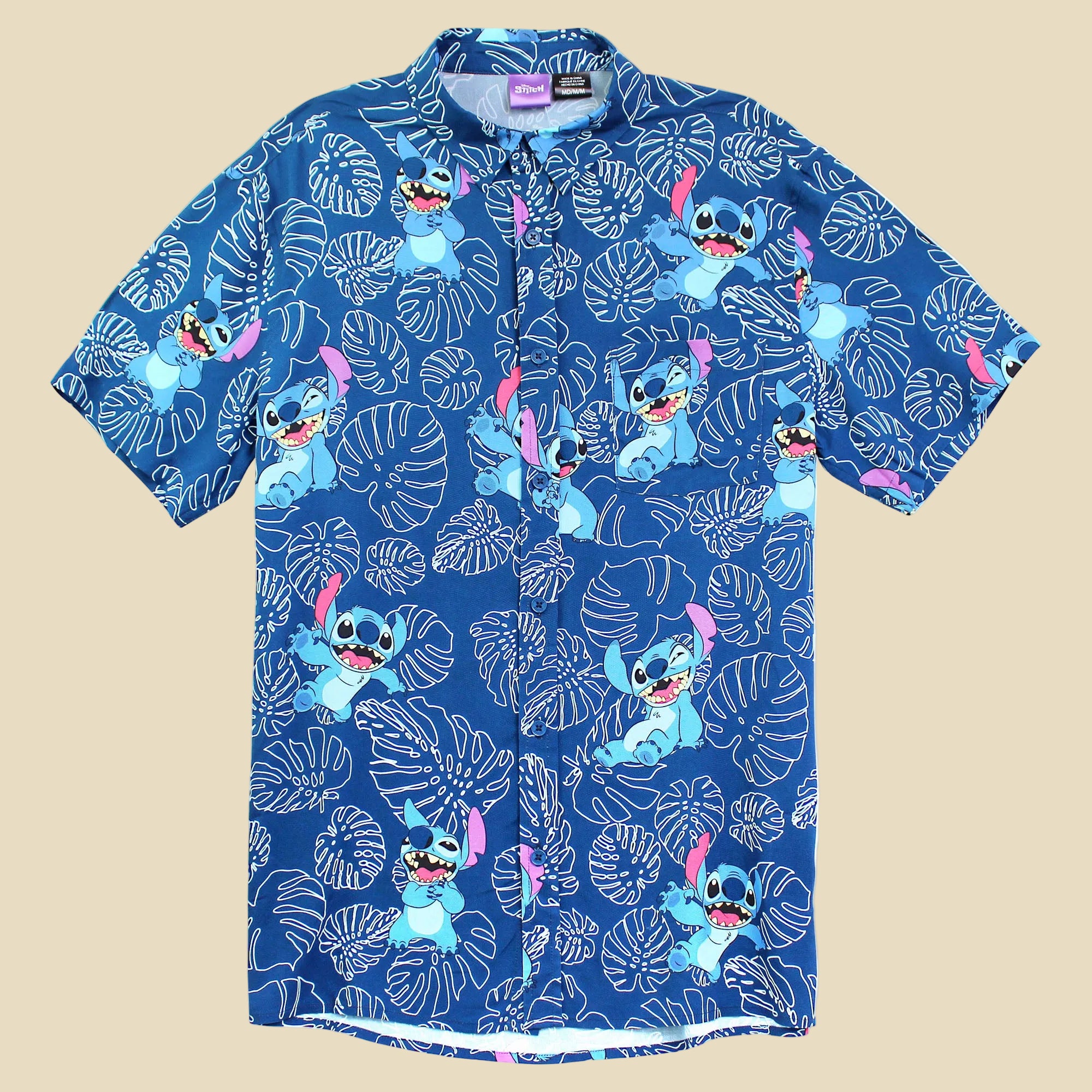 Men's Disney Stitch with tropical leaves Button Up Woven