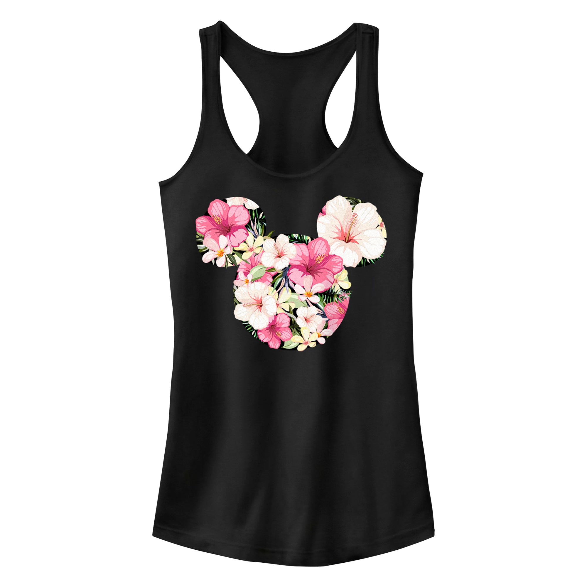 Black t-shirt with a floral Mickey Mouse ears design on a plain background