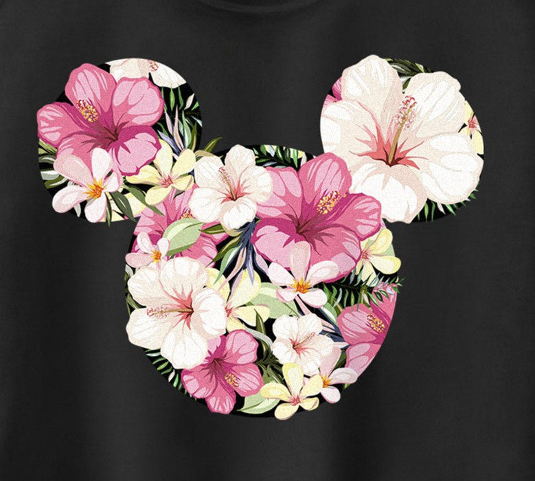 Black t-shirt with a floral Mickey Mouse ears design on a plain background