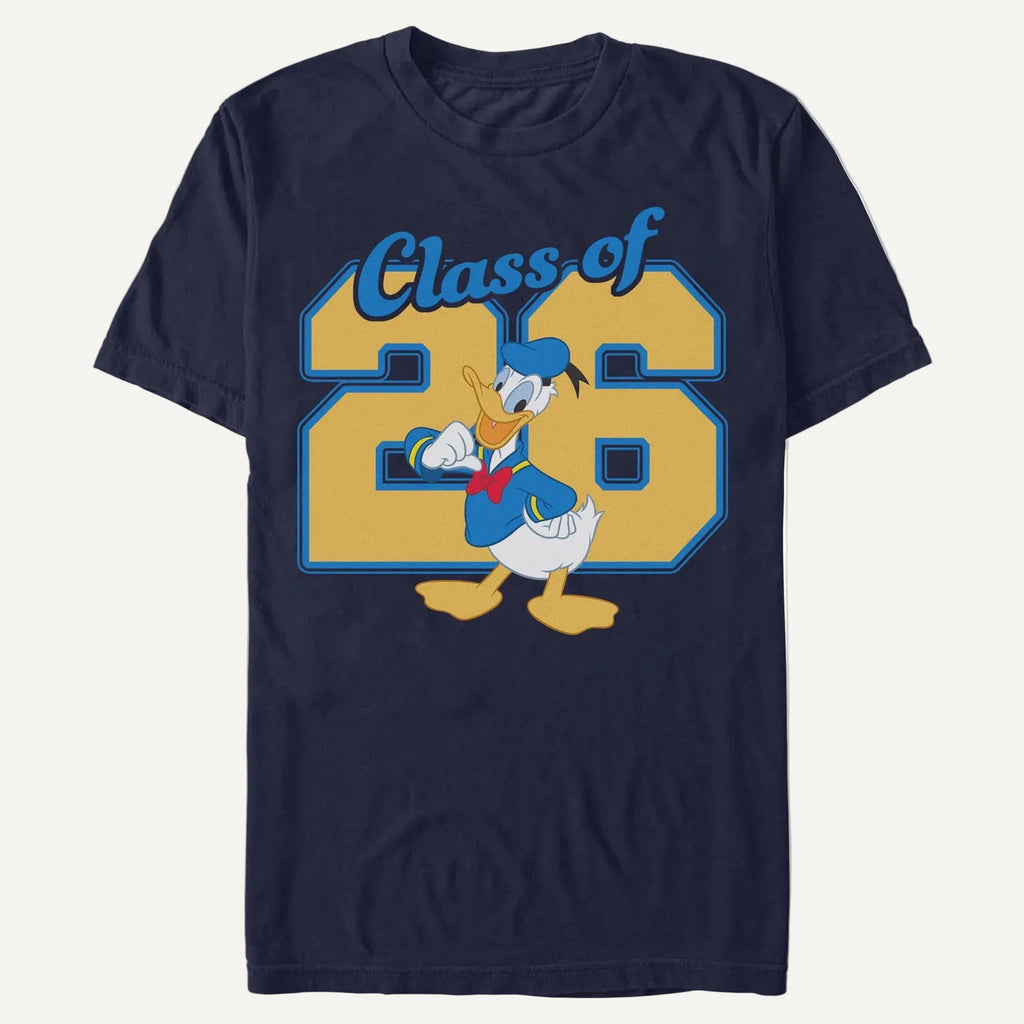 A t-shirt with Class of above a large 26 and Donald Duck front and center on an off white background
