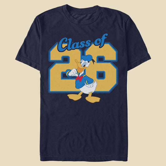A t-shirt with Class of above a large 26 and Donald Duck front and center on an off white background