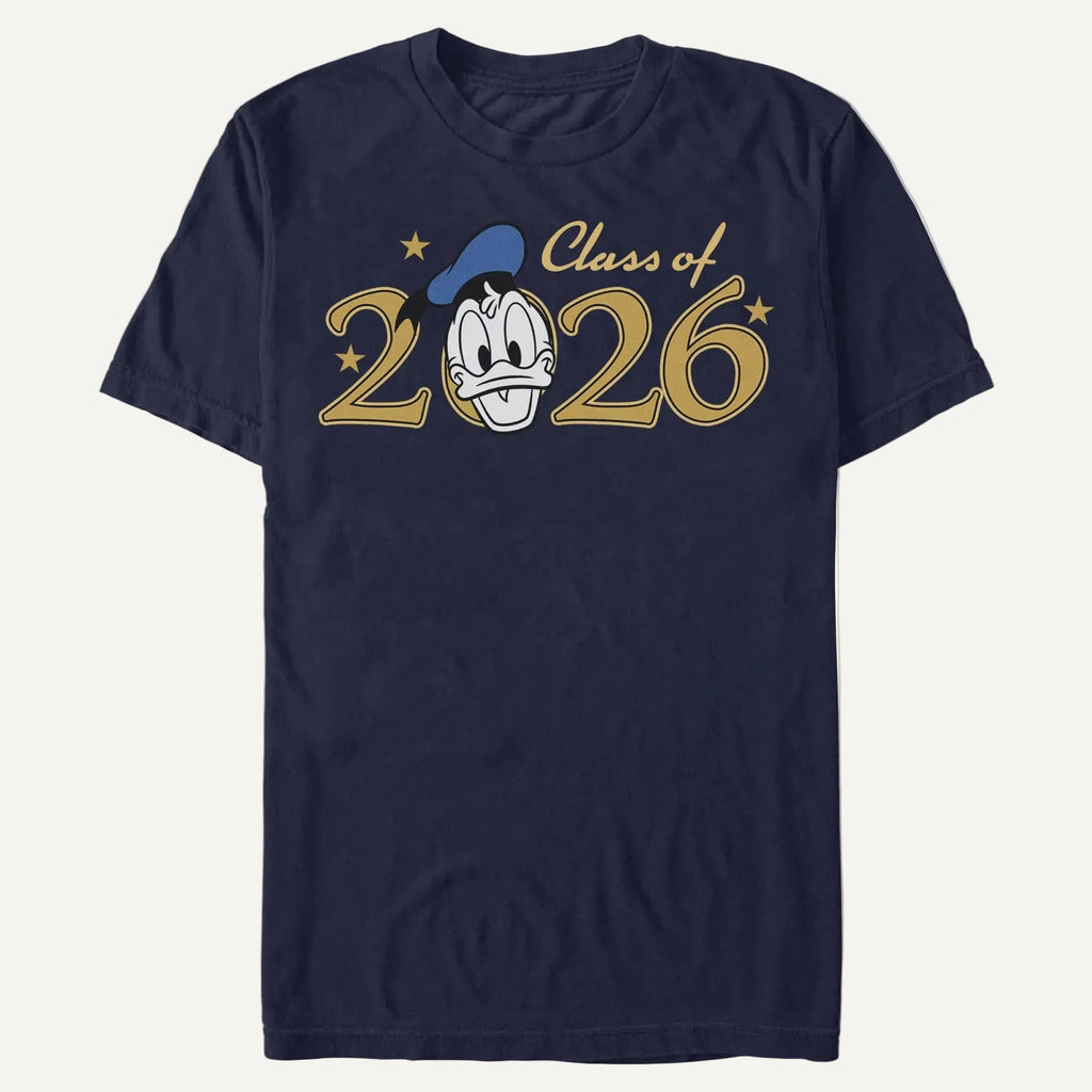 A t-shirt with Class of 2026 and Donald Duck's face making up the zero against an off-white background