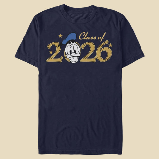 A t-shirt with Class of 2026 and Donald Duck's face making up the zero against an off-white background