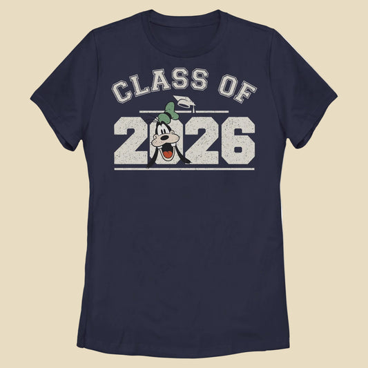 A t-shirt with Class of 2026 on the front and Goofy's face in the zero