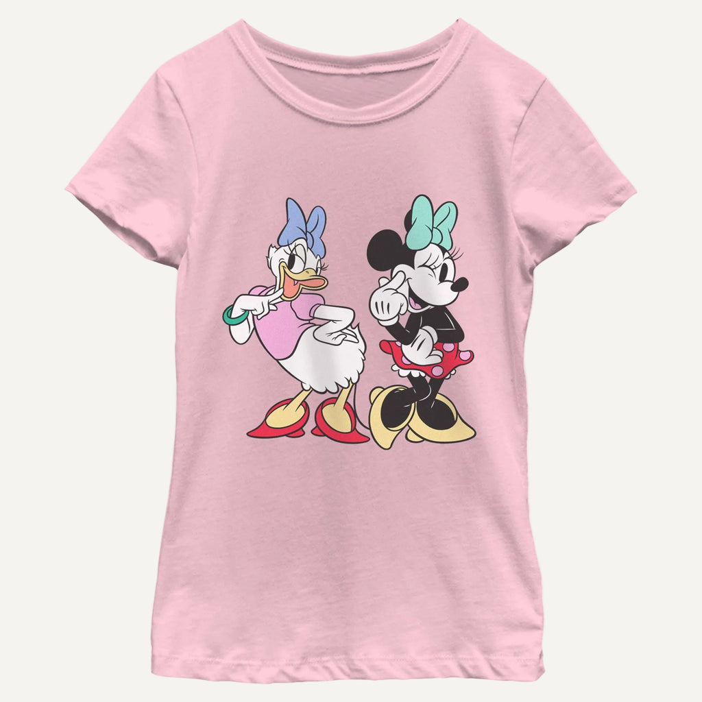 Girl's Disney Daisy And Minnie Mouse T-Shirt in pink on a white background