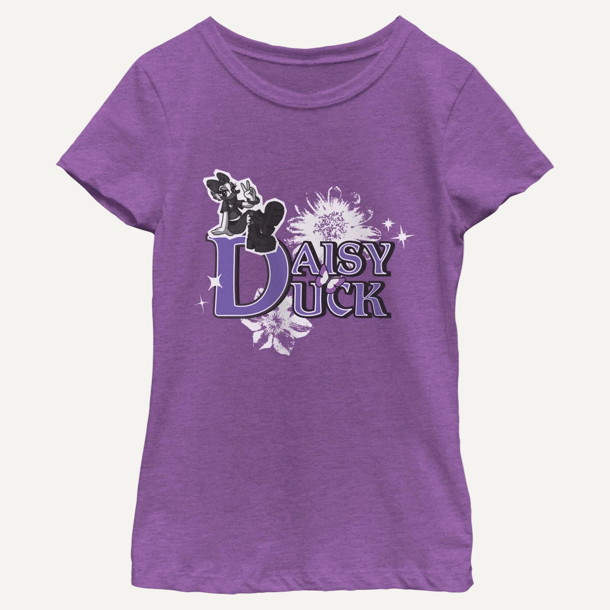 Girl's Disney Daisy Duck Flowers T-Shirt in purple on a white background