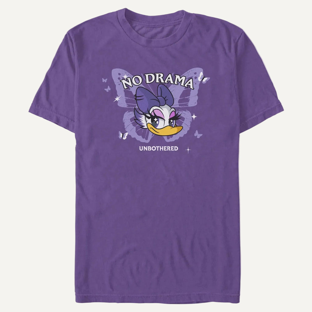 A purple t-shirt with butterflies and Daisy Duck's face with the phrases No Drama above her and Unbothered under her against an off-white background