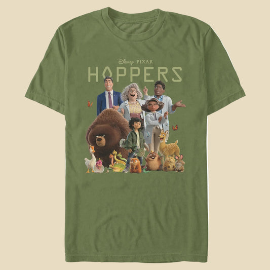 A t-shirt with Disney Pixar Hoppers and a graphic of the characters