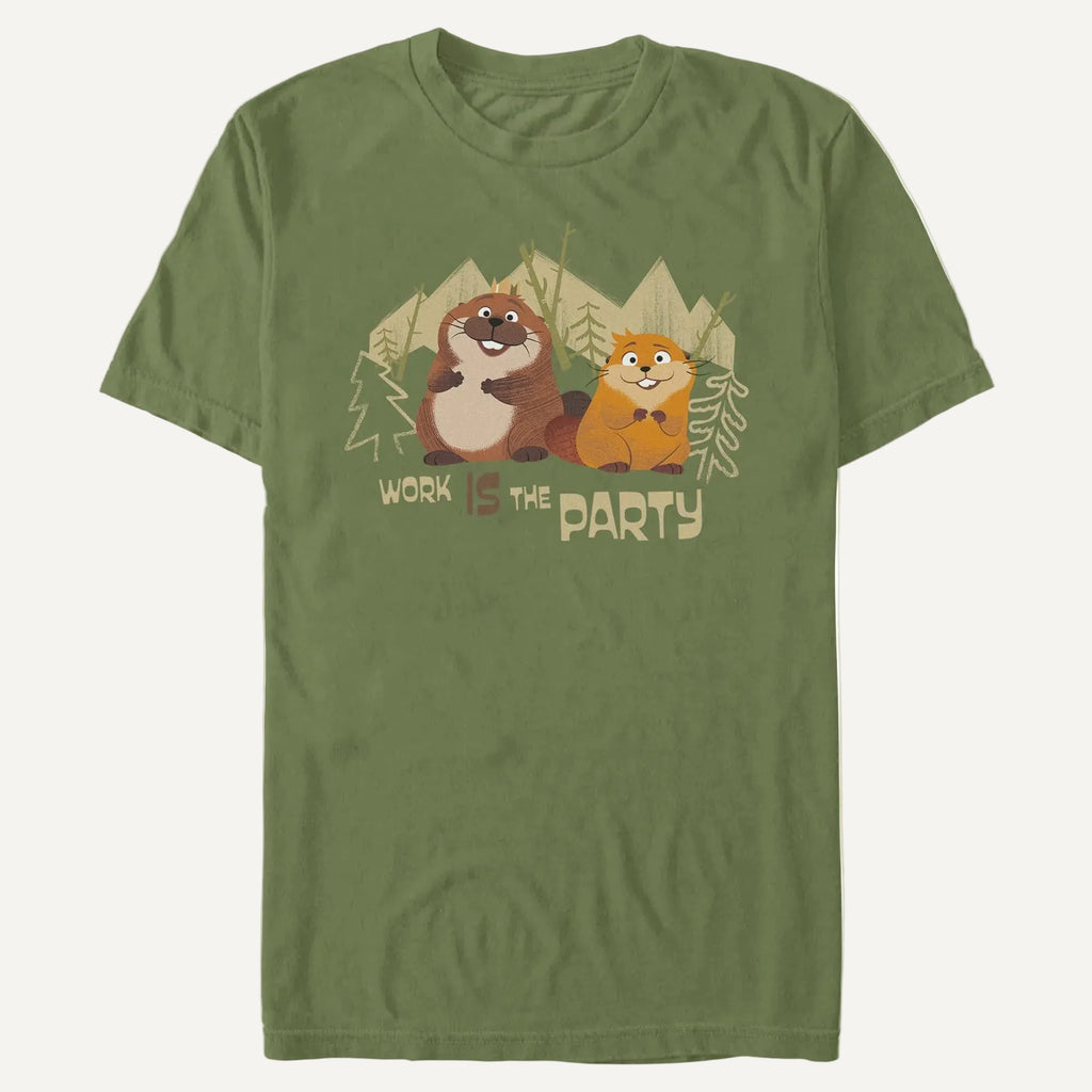 Green t-shirt with cartoon beavers and 'Work is the Party' text on a white background