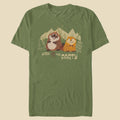 Green t-shirt with cartoon beavers and 'Work is the Party' text on a white background