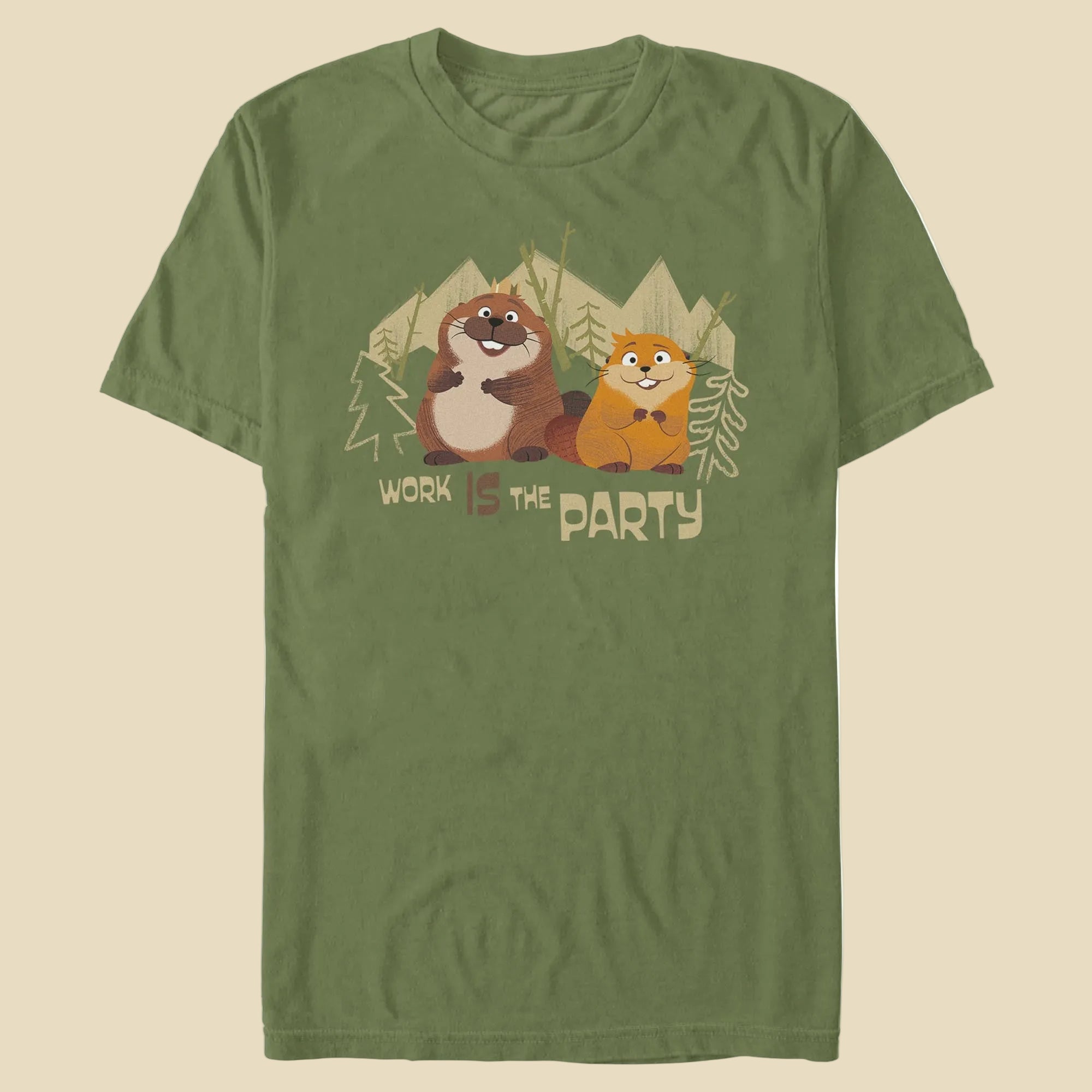 Green t-shirt with cartoon beavers and 'Work is the Party' text on a white background