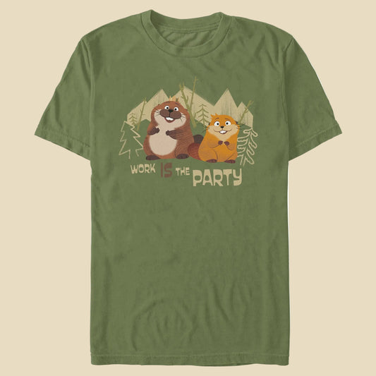 Green t-shirt with cartoon beavers and 'Work is the Party' text on a white background