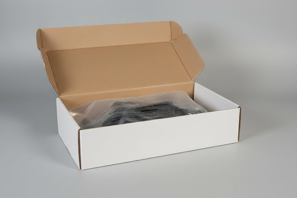 Product in a clear plastic bag inside an open cardboard box on a wooden surface