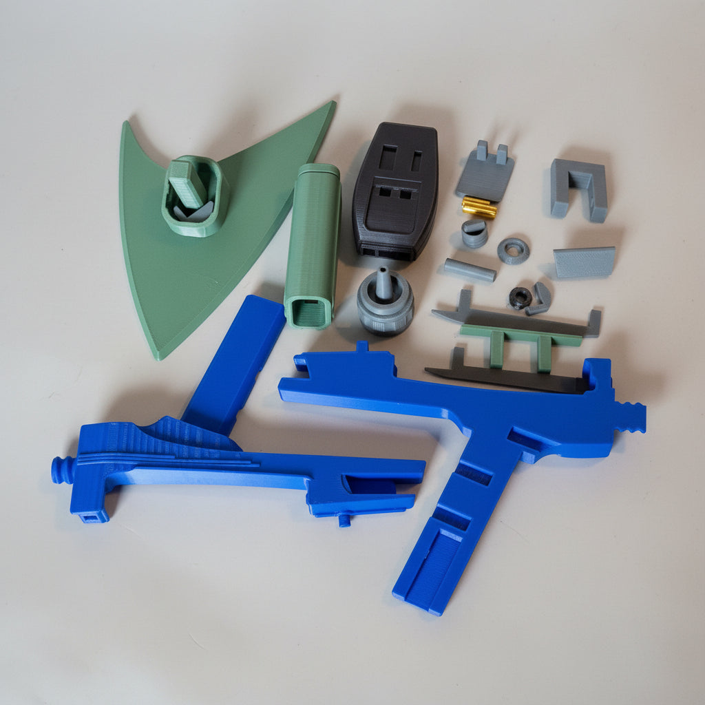 Toy parts including a blue figure, green axe, and other accessories on a brown paper background.