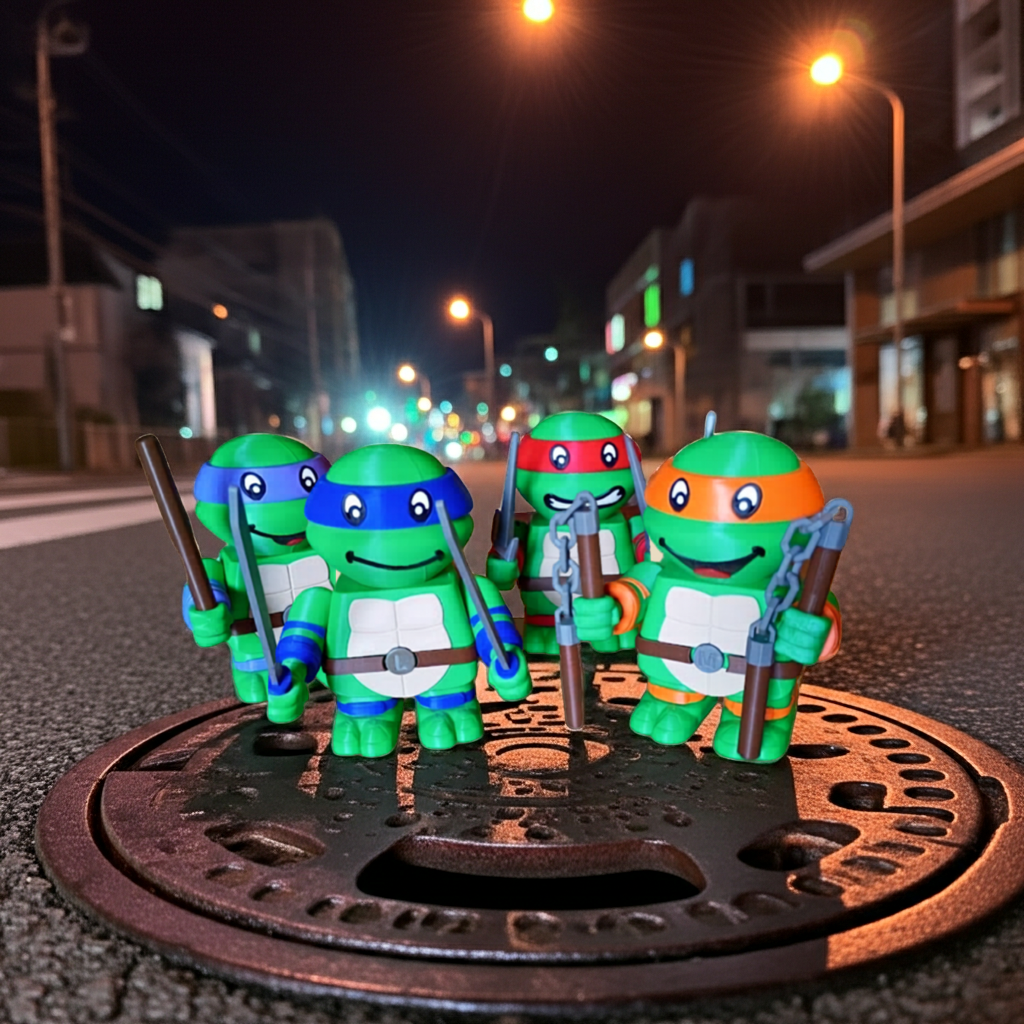 Four toy turtles on a manhole cover with a city street at night in the background