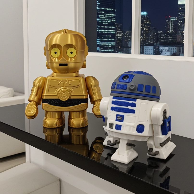 Gold and white robot toys on a table with a cityscape view outside the window.