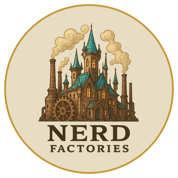 Logo of Nerd Factories with a castle and factory design on a beige background