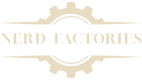 Logo of Nerd Factories with a gear design on a white background