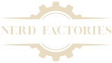 Logo of Nerd Factories with a gear design on a white background