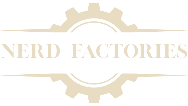 Logo of Nerd Factories with a gear design on a white background