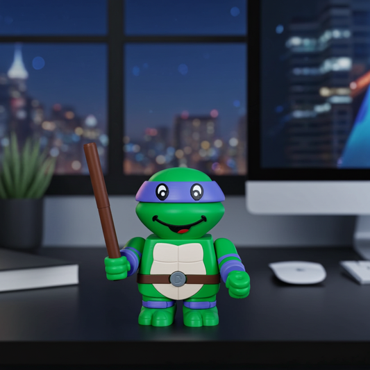 Toy turtle figure with a purple shell holding a wooden stick on a desk with a cityscape background