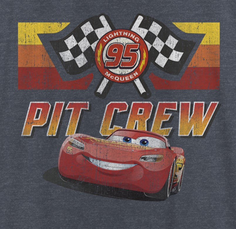 T-shirt with 'Pit Crew' design featuring a red car and checkered flags on a dark background