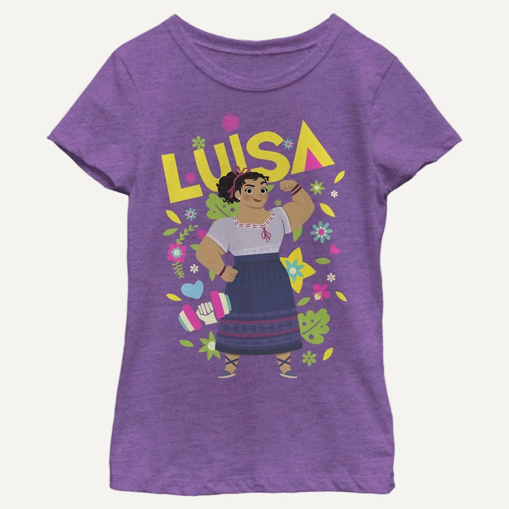 Girl's Disney Encanto Cutout Luisa T-Shirt in purple berry on a white background