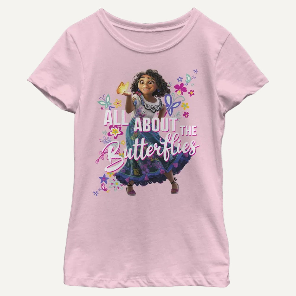Girl's Disney Encanto All About Butterflies Pink T-Shirt on a white background
