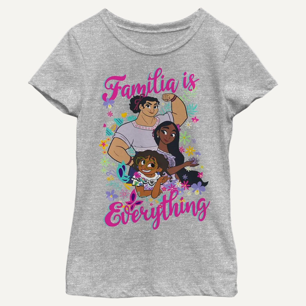 Girl's Disney Familia is Everything T-Shirt in heathered grey on a white background