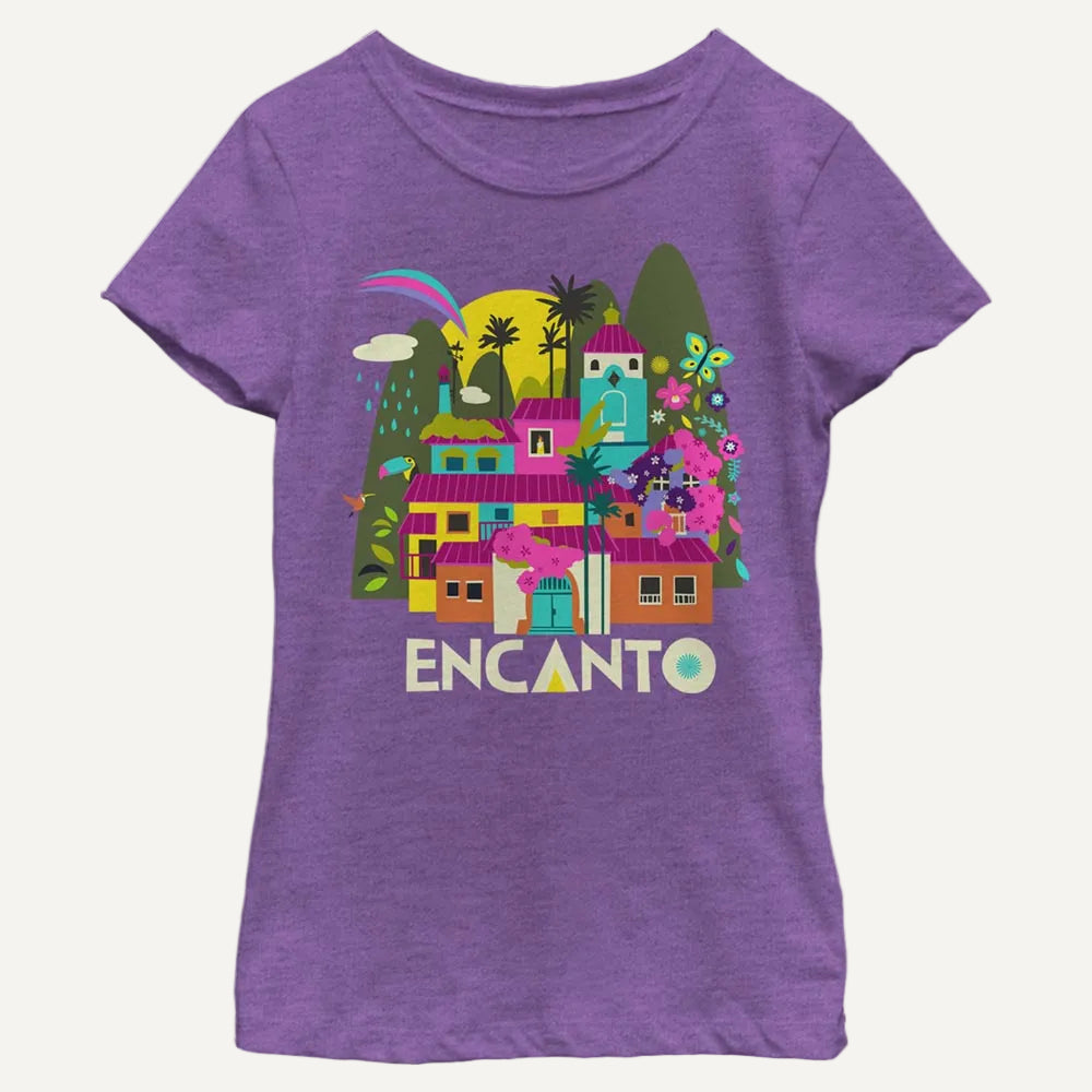 Girl's Disney Encanto Magical House T-Shirt in purple berry on a white background