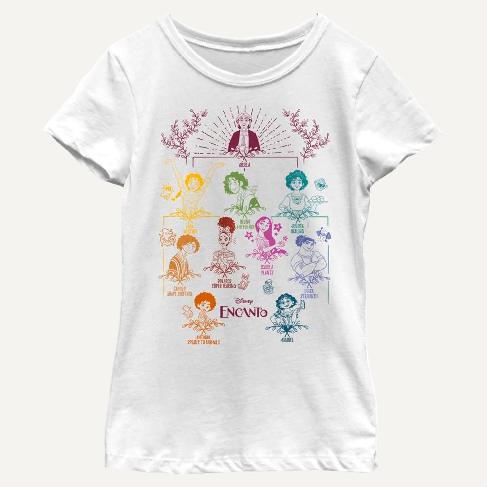 Girl's Disney Encanto Doodle Family Tree T-Shirt in white on a white background