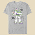 A grey t-shirt with Buzz Lightyear on the front against an off-white background