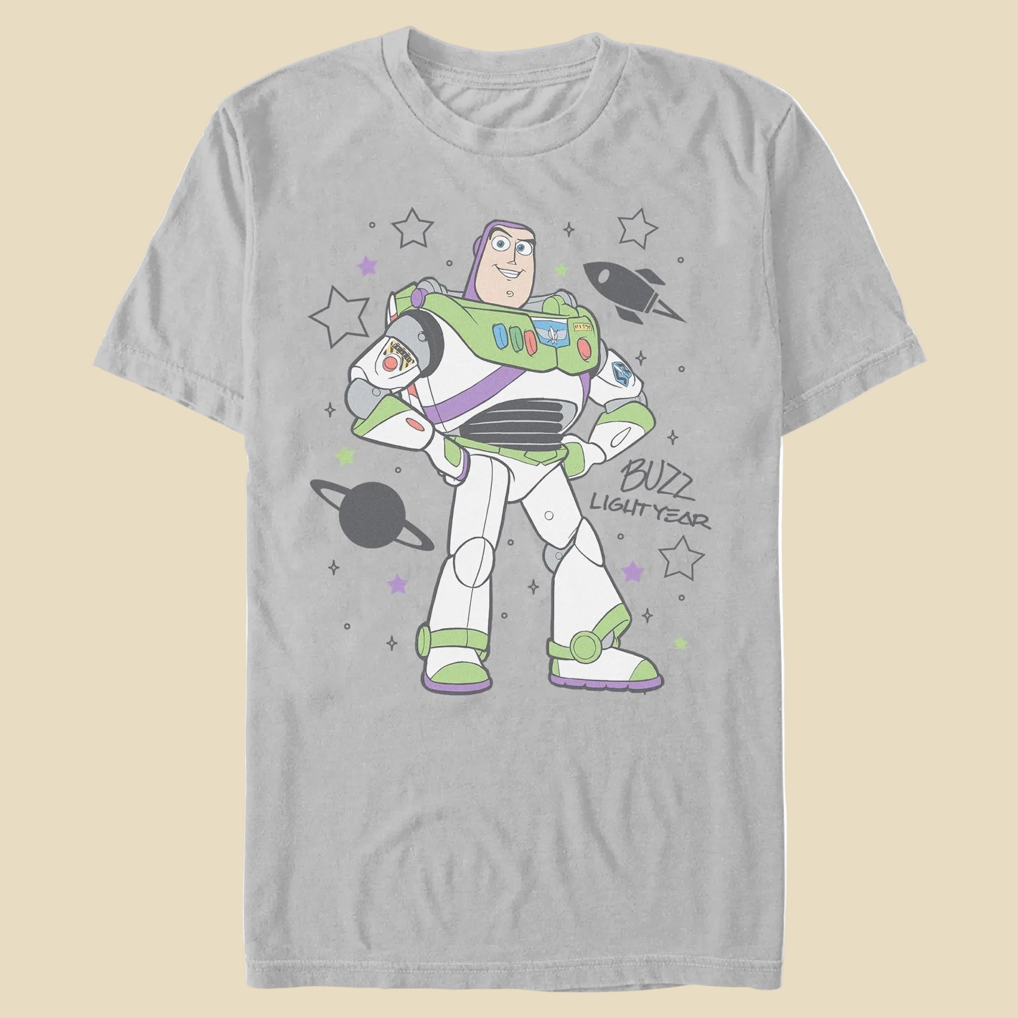 A grey t-shirt with Buzz Lightyear on the front against an off-white background