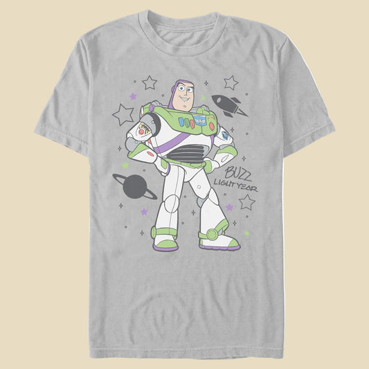 A grey t-shirt with Buzz Lightyear on the front against an off-white background