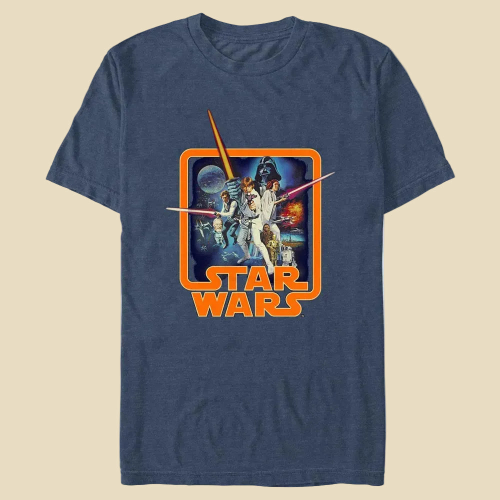 A heathered navy t-shirt with a movie poster graphic and the Star Wars logo on an off white background