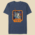 A heathered navy t-shirt with a movie poster graphic and the Star Wars logo on an off white background